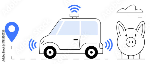 Self-driving electric car with navigation marker, wireless signals, and piggy bank. Ideal for technology, transportation, innovation, navigation, savings automation and sustainability. Simple flat