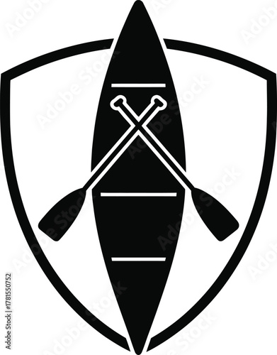 Canoe and crossed paddles emblem with shield silhouette