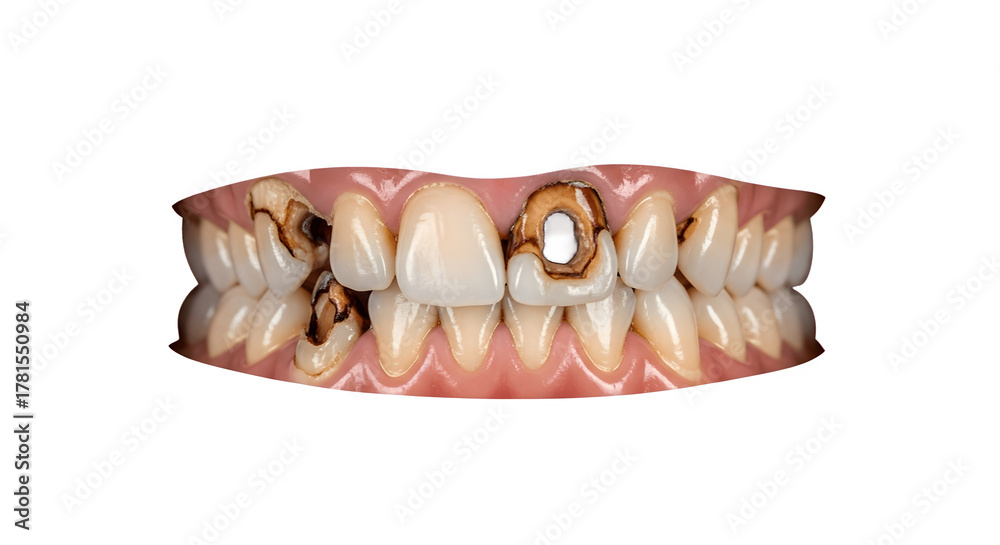 Naklejka premium Close up of a set of rotten and decaying teeth.