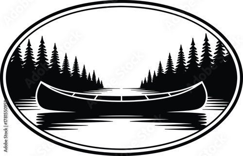 Nature landscape oval logo featuring canoe pine trees and water silhouette