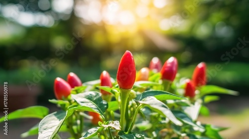 shallow. Close-up view of red chili peppers among green leaves in natural light. gardening catalogs, home-decor guides, designed for gardening and botanical catalogs, used by photographers.