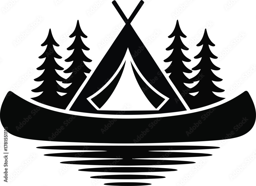Obraz premium Camping scene with canoe tent and pine trees silhouette