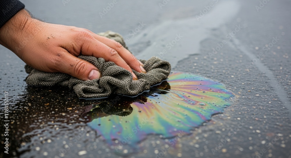 Naklejka premium Oil spill cleaned up with rag on asphalt surface. Removing oil spill involves absorbent material and hand wiping.