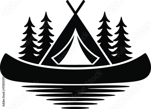 Camping scene with canoe tent and pine trees silhouette