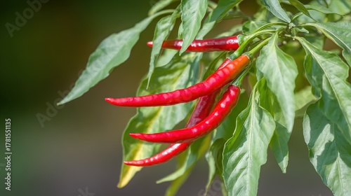 shallow. Close-up view of red chili peppers among green leaves in natural light. gardening catalogs, home-decor guides, designed for gardening and botanical catalogs, used by photographers.