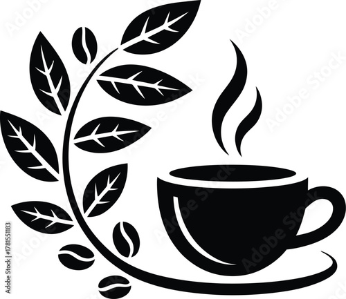 Stylized coffee cup with leaves and beans silhouette design