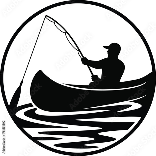 Fisherman in canoe paddling on water with circular design silhouette
