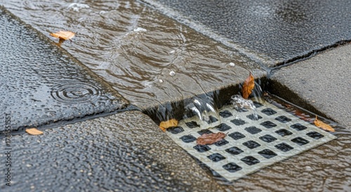Fototapeta Naklejka Na Ścianę i Meble -  Water runoff flows into drain, creating an interesting pattern. Water runoff, captured after heavy rain, creates reflections and small currents on paved surface.