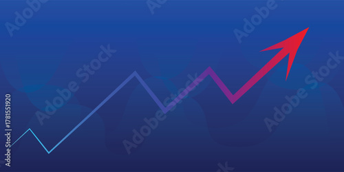 Upward trending line graph with a red arrow indicating positive growth on a blue background.