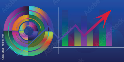 Colorful data visualization with a circular chart and a rising bar graph indicating growth and success.