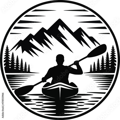 Kayaker paddling on a mountain lake surrounded by pine trees in a circular design silhouette