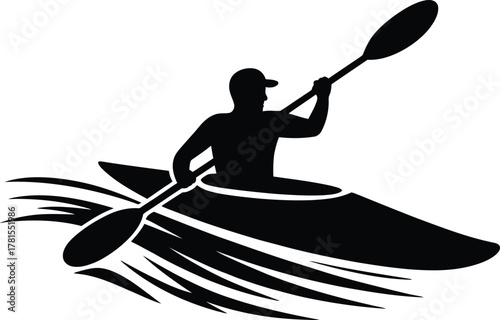 Kayaker paddling on water in a dynamic silhouette against a vibrant background