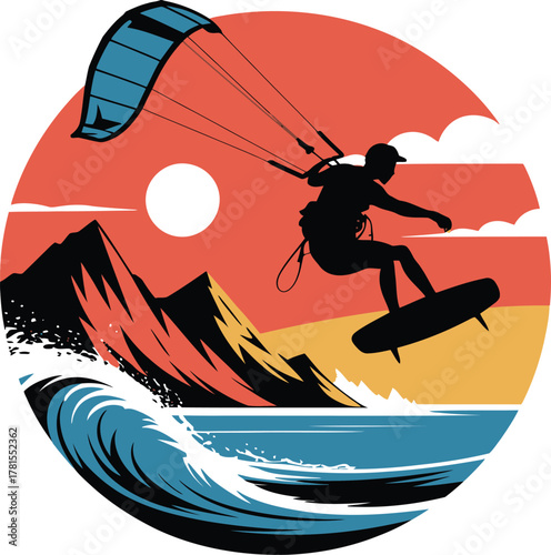 Kitesurfer riding a wave at sunset with a circular frame silhouette