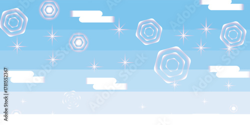 Whimsical winter sky background with sparkling stars and floating ice crystals.