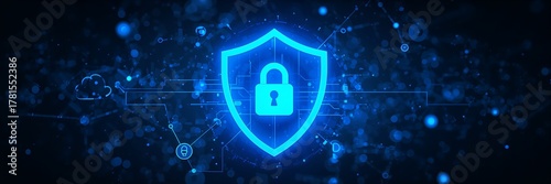 A digital cybersecurity and data protection with blue shield with a padlock icon, secure data, cloud computing, and information technology. Symbolizing internet security and digital connectivity.