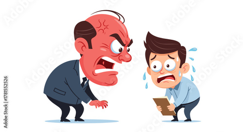 A furious, red-faced manager screams at a frightened employee, depicting workplace bullying and stress
