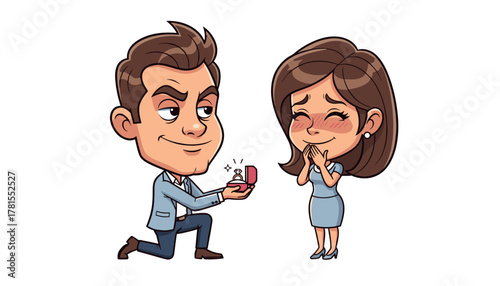 A romantic cartoon man on one knee making a marriage proposal to his happy girlfriend with a diamond ring