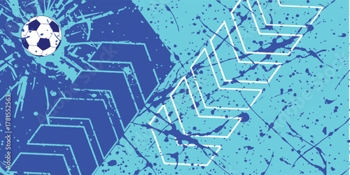 Abstract soccer background with a football, blue chevrons, and grunge splatter effects.