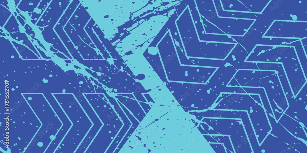 Fototapeta premium Abstract blue and cyan graphic background with chevron patterns and paint splatters.