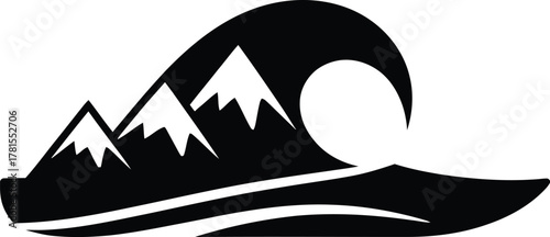 Stylized silhouette of ocean waves crashing against mountain peaks at sunrise or sunset