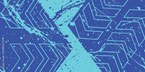 Abstract blue and cyan graphic background with chevron patterns and paint splatters.