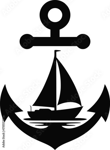 Nautical silhouette of a sailboat and anchor on water