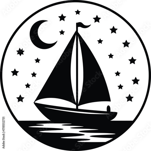Serene sailboat under a celestial night sky with moon and stars silhouette