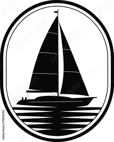 Simple oval icon of a sailboat sailing on water silhouette