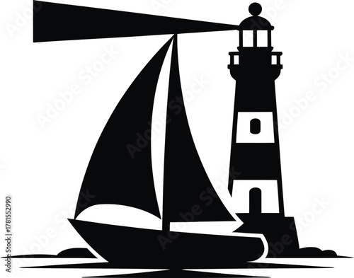 Sailing boat illuminated by a lighthouse beam at night silhouette