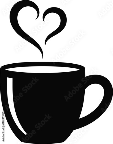 Steaming coffee mug with heart shaped vapor silhouette