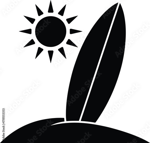 Tropical beach scene with sun and surfboard icon silhouette