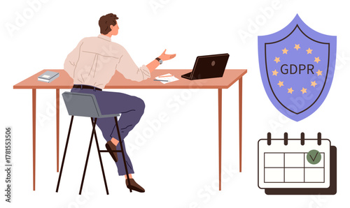 Man at desk gesturing toward laptop, GDPR shield representing data privacy, and calendar with tick mark. Ideal for GDPR, compliance, data security, privacy policy, deadlines, scheduling legal