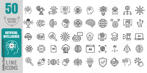 Explore 50 modern line icons covering artificial intelligence, machine learning, robotics, and data processing. Ideal for tech presentations, web, and app designs.