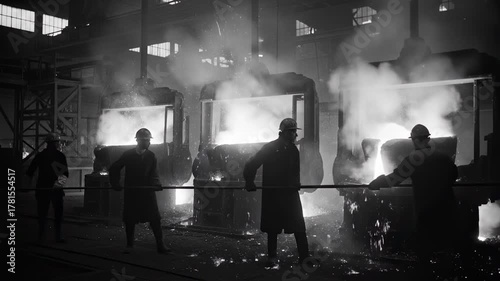 Workers Operate Furnaces in a Vintage Industrial Steel Mill.