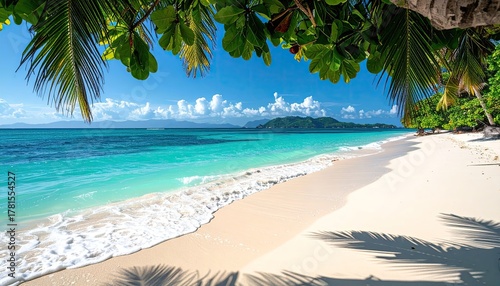 Fototapeta Naklejka Na Ścianę i Meble -  Tropical Island Paradise with Turquoise Ocean Waves Gentle White Sand Beach and Lush Green Palm Foliage Framing the Scenic Seascape Under a Clear Blue Sky