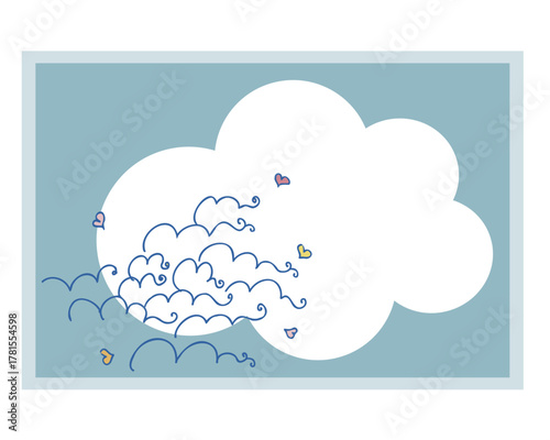 もくもく雲のイラスト　空のフレーム　コミュニケーションカード　装飾　文具　雑貨　背景　付箋　便箋　空白　ベクター　一言添える　紙　デザイン　ハート　青　夏