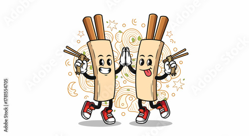 Two Happy Cartoon Cinnamon Sticks Giving High Five.
