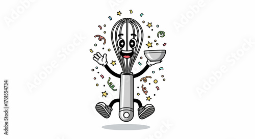 Whimsical cartoon whisk character holding bowl and celebrating happiness.