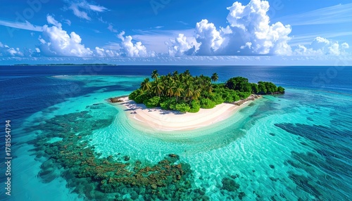 Fototapeta Naklejka Na Ścianę i Meble -  Tropical Paradise Island Aerial View With Lush Green Palm Trees White Sand Beach Turquoise Ocean Water and Coral Reefs Under a Bright Blue Sky With Fluffy Clouds