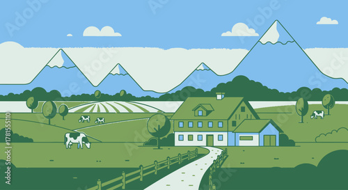 Scenic Farmhouse Illustration A Serene Landscape Depicting Nature, Mountains, and Rural Life