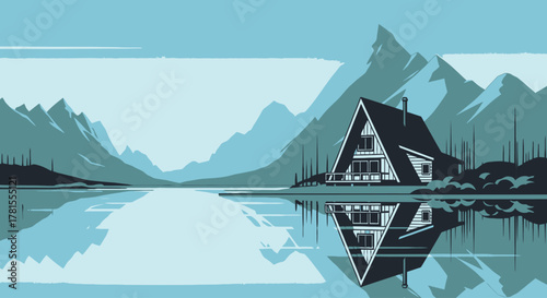 A-frame cabin nestled by a serene mountain lake, with its reflection mirroring the tranquil landscape under a clear blue sky, a peaceful escape in nature's embrace