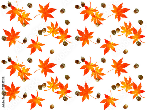 紅葉したもみじの葉っぱとどんぐりのシームレスパターン　秋の植物の手描き水彩イラスト背景素材