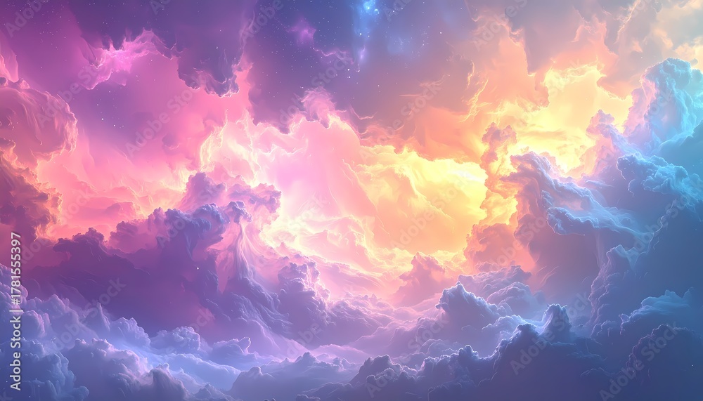 Naklejka premium Vibrant Dreamy Sky with Colorful Clouds and Ethereal Light.