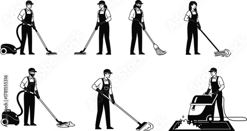 Cleaning workers using tools, vacuum, mop, broom, buffer, scrubber, professional janitor team, flat vector illustration, cartoon clipart set
