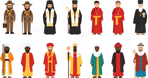 Religious and cultural leaders in traditional attire, diverse faiths, cartoon characters, flat vector illustration, multicultural clipart set, spiritual icons