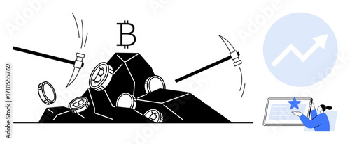 Pickaxes striking cryptocurrency coins in a rock, Bitcoin symbol, growth chart. Ideal for blockchain, finances, digital currency, investment, mining technology progress themes. Simple flat metaphor