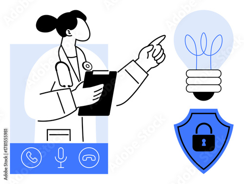 Doctor with clipboard pointing at a light bulb, shield with lock, and communication icons. Ideal for healthcare, telemedicine, security, innovation, technology consulting remote work. Simple flat