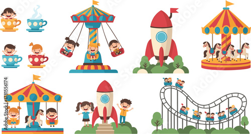 Amusement park rides with happy children, carousel, roller coaster, teacup, swing, rocket, flat vector illustration, fun cartoon clipart set