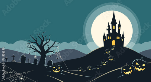 Eerie Halloween night scene with spooky castle, tombstones, spiderwebs, and smiling pumpkins under a bright moon, perfect for spooky season promotions