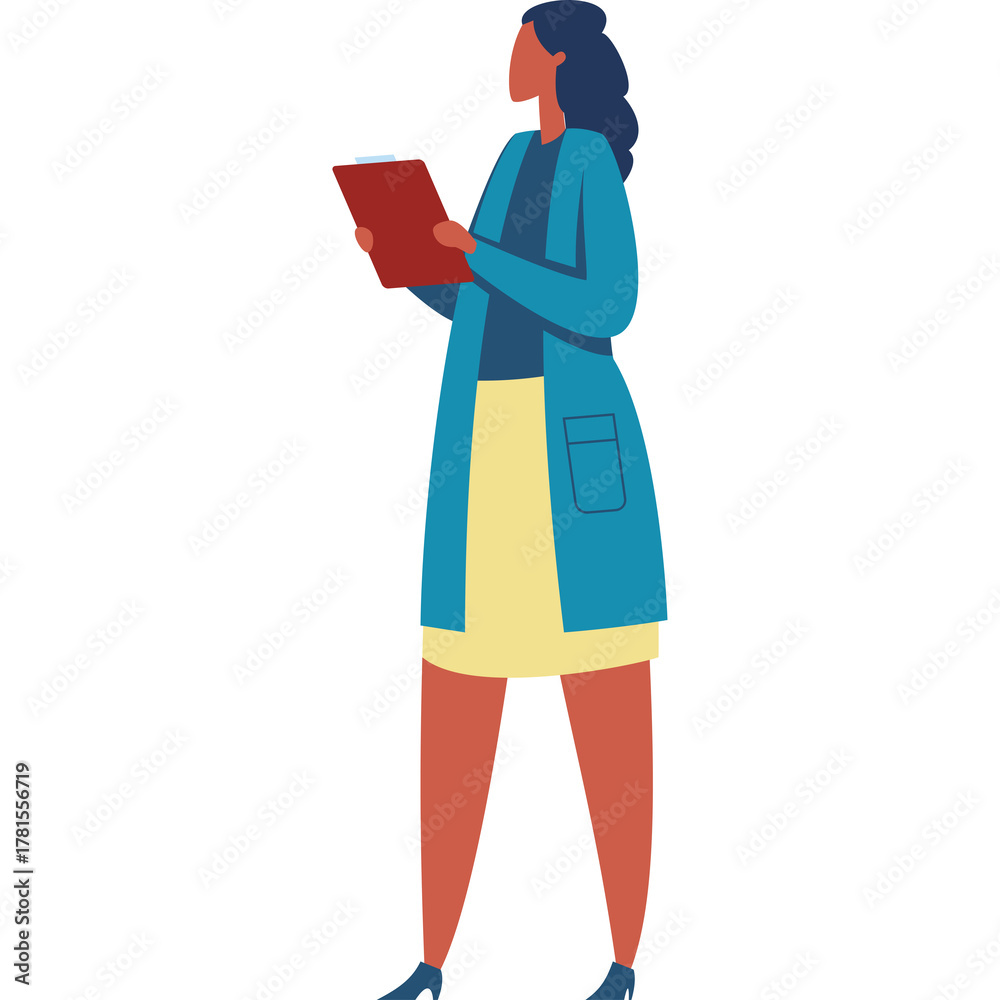 Obraz premium Woman Wearing A Teal Blue Coat Over A Dark Blue Top And A Yellow Skirt Holding A Red Folder In Front Of A Transparent Background